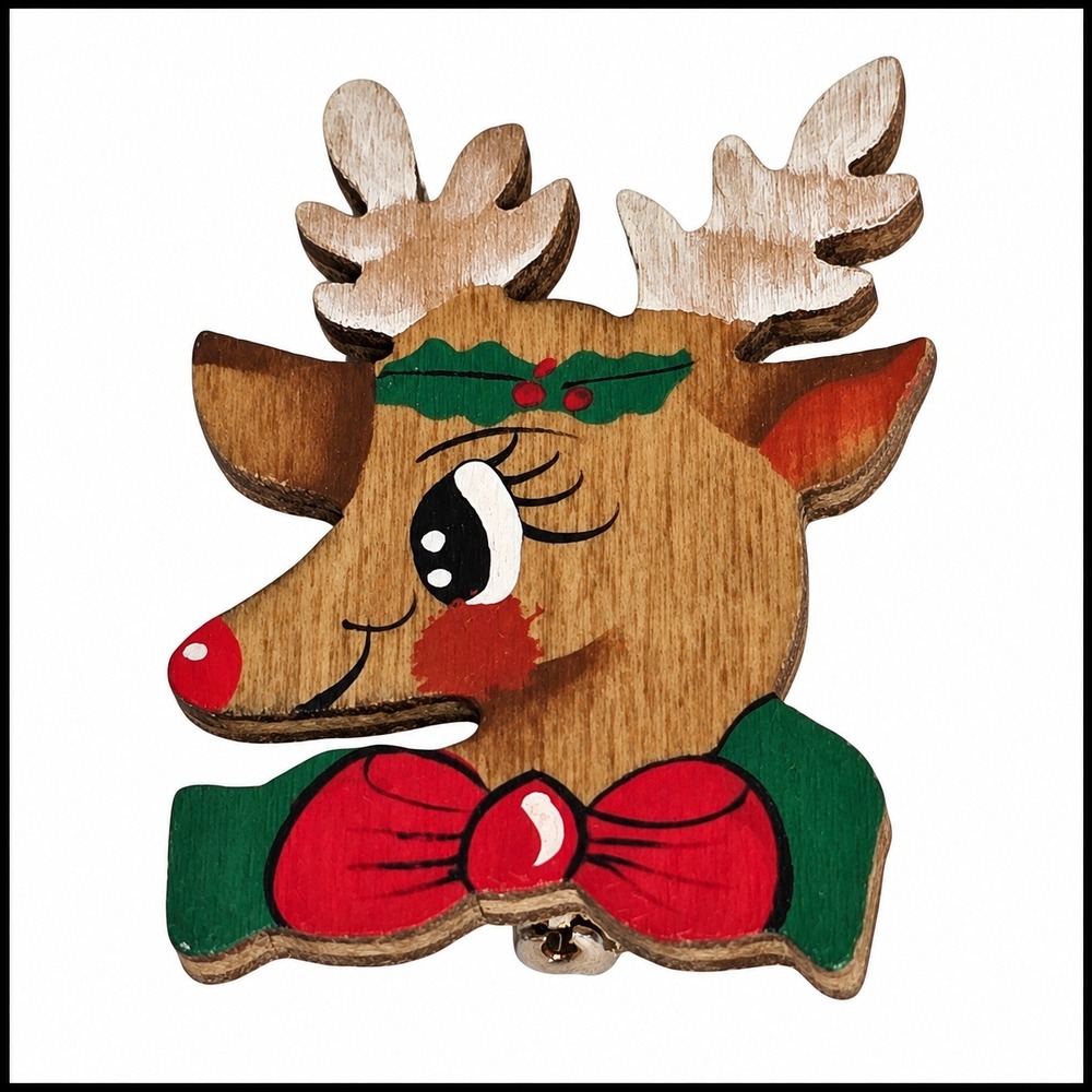 Vintage Style Hand Painted Wooden Reindeer Christmas Brooch Pin with Jingle Bell